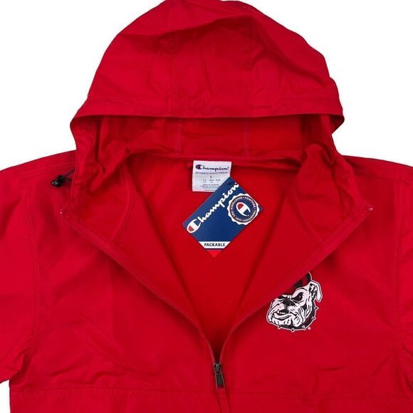 New Champion Men US S Red Jacket Windbreaker Anorak Hood Sport Casual Bulldog  - Picture 8 of 13
